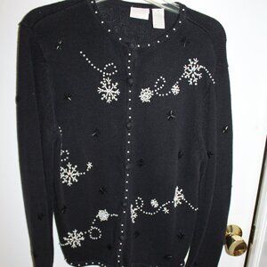 Erika Black Cardigan Beaded snowflakes motif